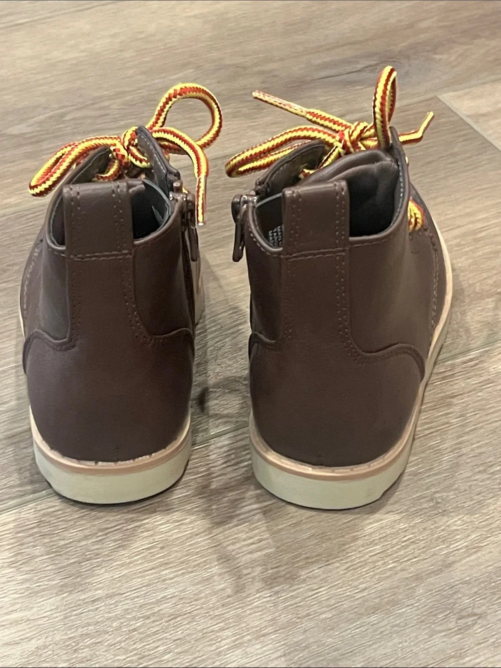 Cat & Jack Greyson Brown Lace-Up Ankle Boots with Yellow-Orange Laces Side Zip
